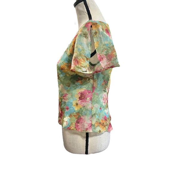 VTG K Petite Collections Floral Watercolor Flutter Sleeve Ruffle Edge Blouse 8/S - Picture 4 of 7